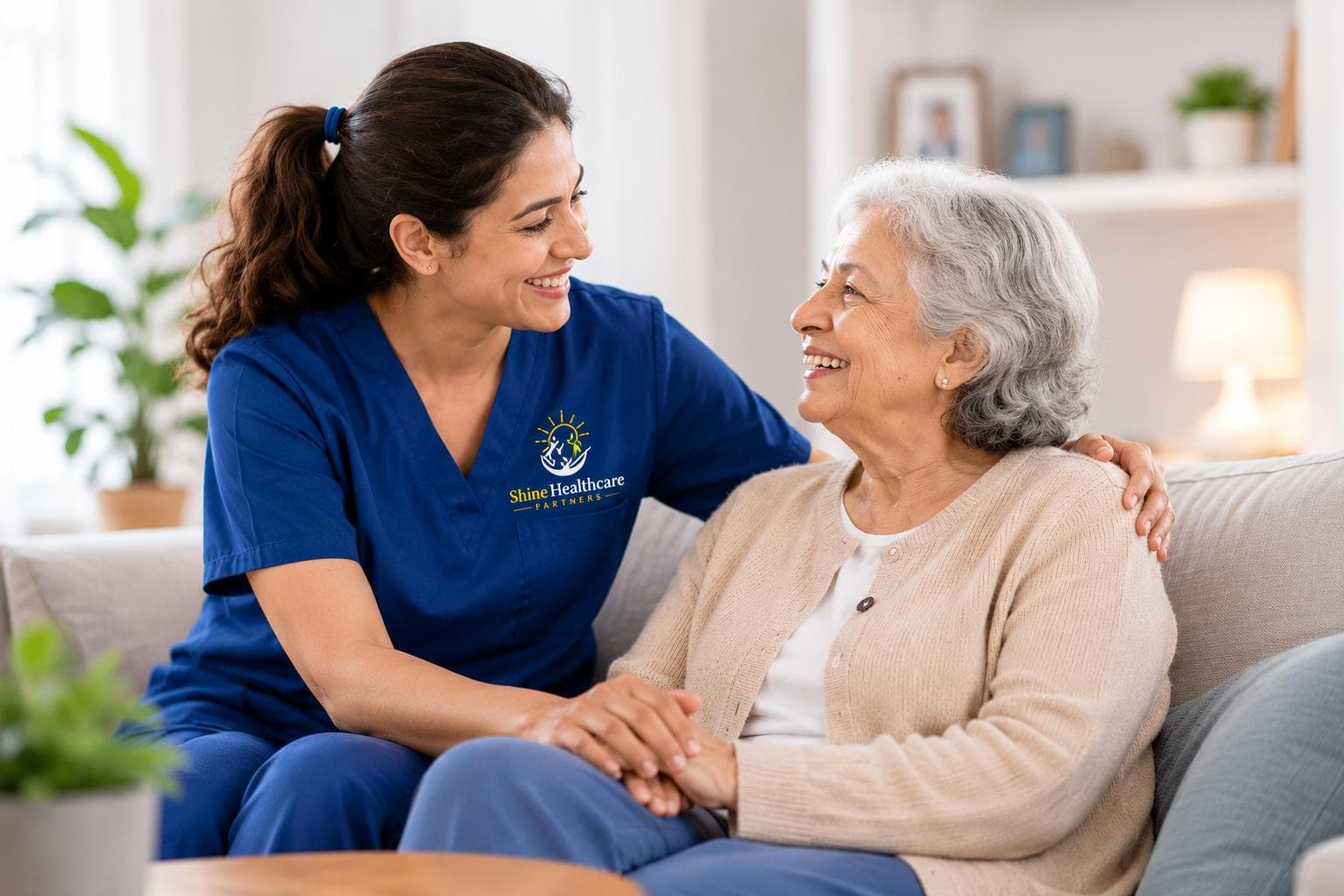 Shine Healthcare caregiver sharing a warm moment with a senior client at home